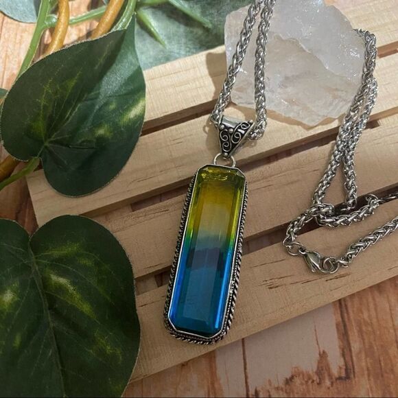 Bi-Color Tourmaline Pendant Blue Yellow Stainless Steel Necklace - Picture 3 of 5